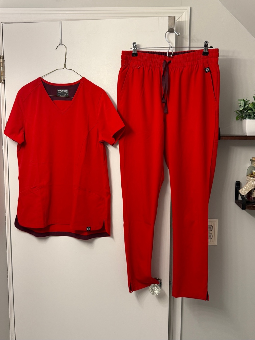 Figs V-Neck Medical Top in Bright Red with Dark Plum Trim